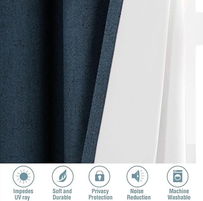 H.VERSAILTEX Linen Blackout Curtains 54 Inches Long 100% Absolutely Blackout Thermal Insulated Textured Linen Look Curtain Draperies Anti-Rust Grommet, Energy Saving with White Liner, 2 Panels, Navy - Image 7