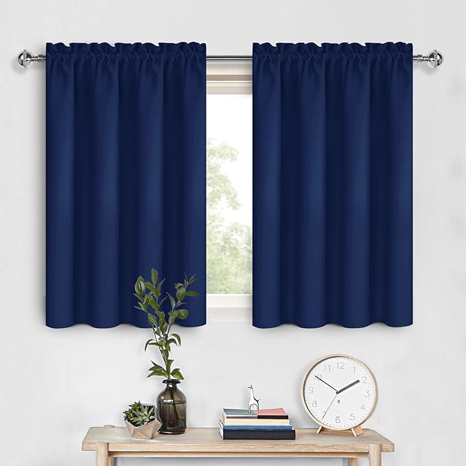 DWCN Short Curtains for Bathroom Windows 36 inches Length 2 Panels Set, Half Small Window Blackout Curtains for Kitchen, Rod Pocket Energy Saving Drapes (W42 x L36 Inch, Navy Blue) by DWCN