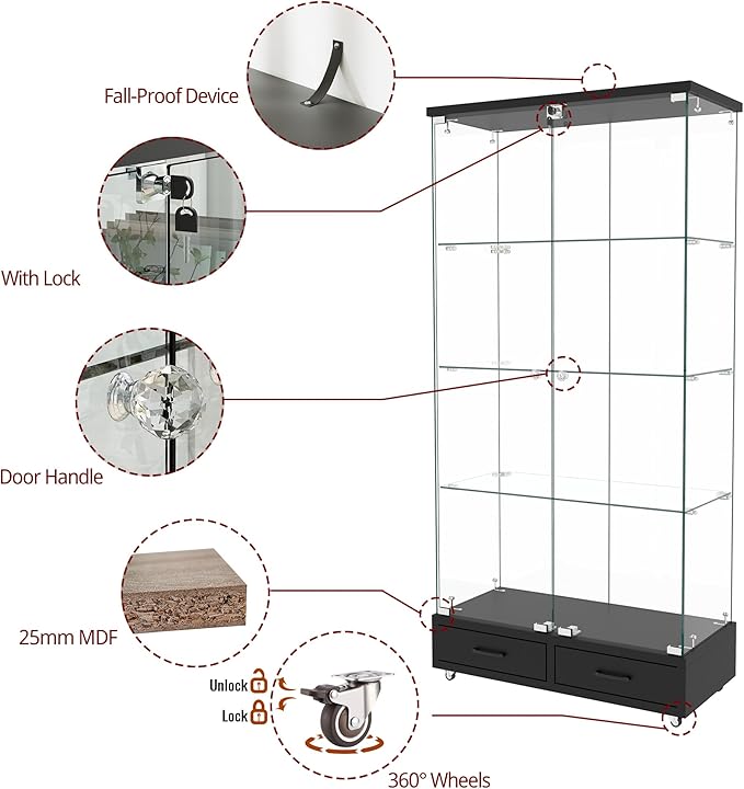 Yoluckea 4 Tier Glass Display Cabinet with LED Lighting and 2 Drawers, 2 Doors Floor Standing Curio Cabinet with Wheel for Home, Office, Corner Display, Black Glass Bookshelf for Collections and Decor - Image 5