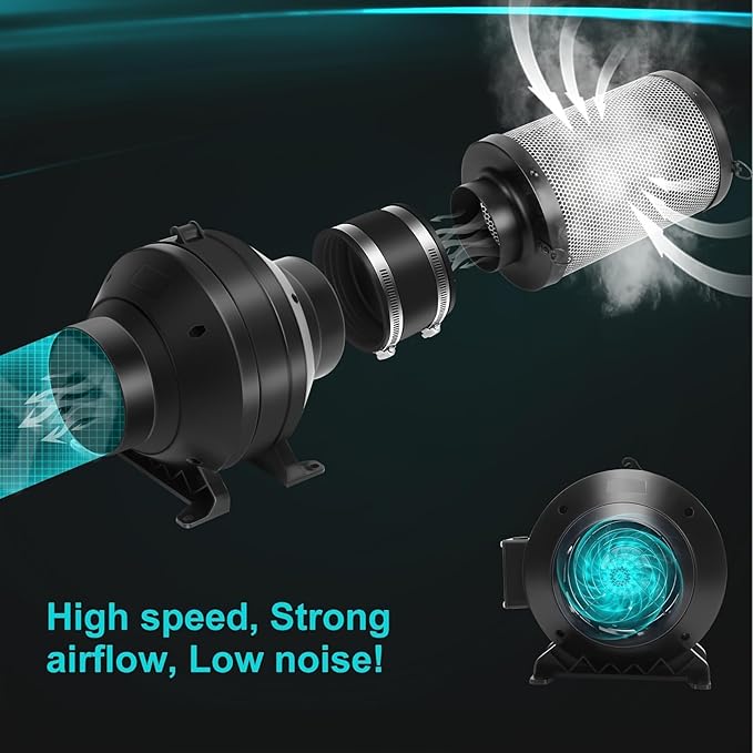 MELONFARM Air Filtration Kit, 4" 190 CFM Inline Duct Fan with Speed Controller, 12" High Carbon Filter, 8 Ft Ducting & Rubber Coupler, Air Cooling and Filtration Kit for Grow Tent, Hydroponics - Image 7
