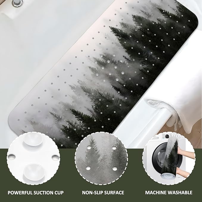 Misty Forest Bathtub Mat Non Slip, Baby Bath Mat for Tub Rubber Tub Mat, Kids Bath Mats for Bathroom Nature Trees Anti Slip Shower Mat with Suction and Drain Holes Machine Washable, 40″X16″ - Image 5