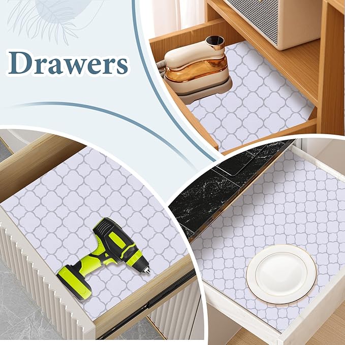 Shelf Liners for Kitchen Cabinets 12in x 20FT Non Adhesive Drawer Liner Silver Quatrefoil Shelf Liner Paper Strong Non-Slip Easy to Clean for Tool Box Refrigerator with Knife and Tape Measure - Image 3