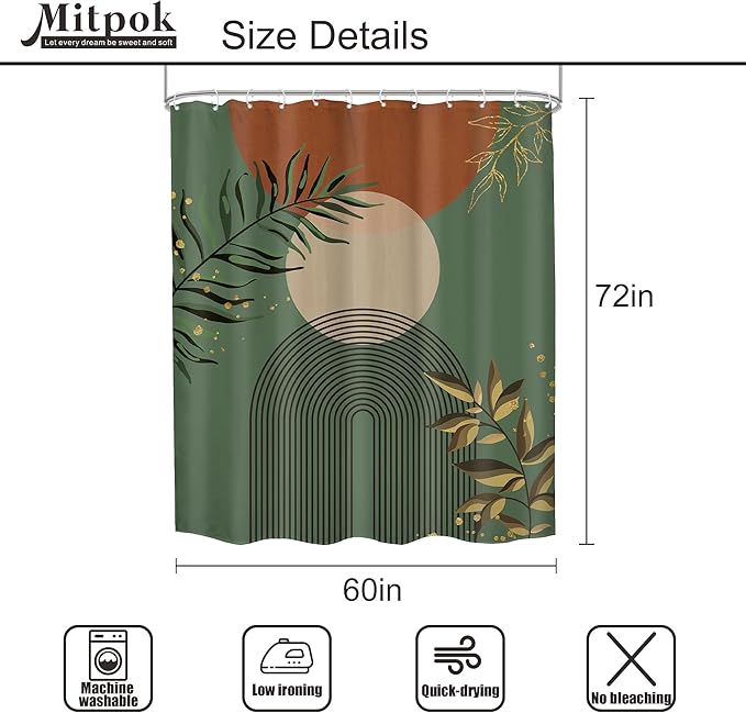 Boho Dark Green Shower Curtain 60Wx72H Abstract Bohemian Mid Century Minimalist Teal Gold Leaf Arch Geometric Plant Neutral Bathroom Decor Botany Bath Curtain Fabric Polyester 12 Pack Hooks - Image 5