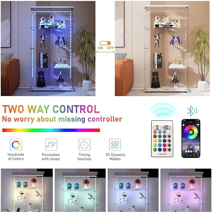 Yoluckea 4 Tiers Glass Display Cabinet with Bluetooth LED Light Strip, 2 Doors Floor Standing Curio Cabinet with Universal Wheel for Home Office Display, White Glass Bookshelf for Collections,Wood Top - Image 3