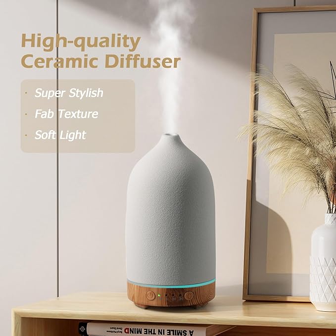 Diffuserlove Ceramic Essential Oil Diffuser 160ML Aromatherapy Diffuser for Home Bedroom Room Cool Mist Humidifier Stone Air Diffusers with Yellow Wood Pattern Base (Size:6.8" H x 3.6" W) - Image 2