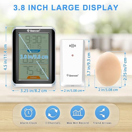 Geevon Wireless Indoor/Outdoor Thermometer & Hygrometer, Digital Temperature & Humidity Sensor with Time, Clock, 200ft/60m Range, 3.8‘’ Large Display - Image 2