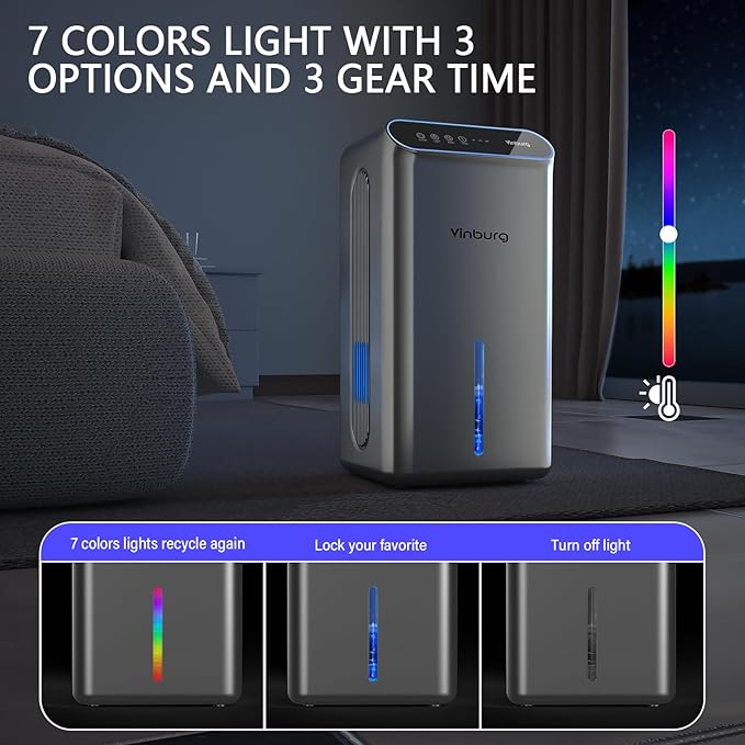 Dehumidifiers for Home (85 OZ Water Tank, 800 sq.ft) Quiet Small Dehumidifier for Basement Bedroom Bathroom with Drain Hose, 3 Gear Timer, Sleep Mode, Auto Shut Off, 7 Color Ambient Light - Image 6
