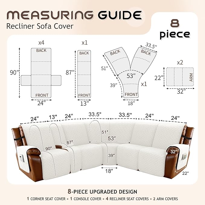Arfntevss Waterproof Recliner Sectional Couch Covers for Reclining L Shape Sofa Cover Non Slip Washable L Shaped Slipcover Sets for Dog Furniture Protector (5 Seat with 1 Console Cover, Ivory) - Image 5