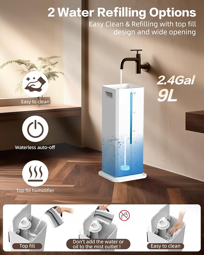 Cool Mist Humidifiers for Bedroom, Ultrasonic 2.4Gal 9L Quiet Top-Fill, Easy Clean with Essential Oil Tray, 360°Nozzle, 4 Speed, Remote, 60H Runtime, for Baby, Adults, Plants, Home, House, Large Room - Image 7