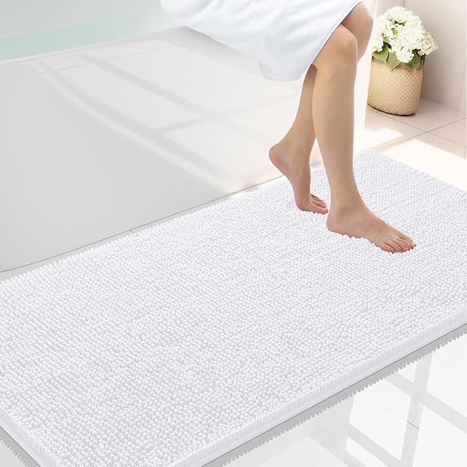 Smiry Luxury Chenille Bathroom Rugs 47x24, Extra Soft and Absorbent Shaggy Bath Mat, Machine Washable, Non-Slip Plush Carpet Runner for Tub, Shower, and Floor, Home Decor Accessories, White by Smiry