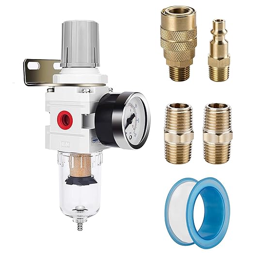 NANPU 1/4" NPT Compressed Air Filter Regulator Combo Piggyback, 5 Micron Brass Element, Poly Bowl, Semi-Auto Drain, Metal Bracket, 0-150 psi Gauge by NANPU