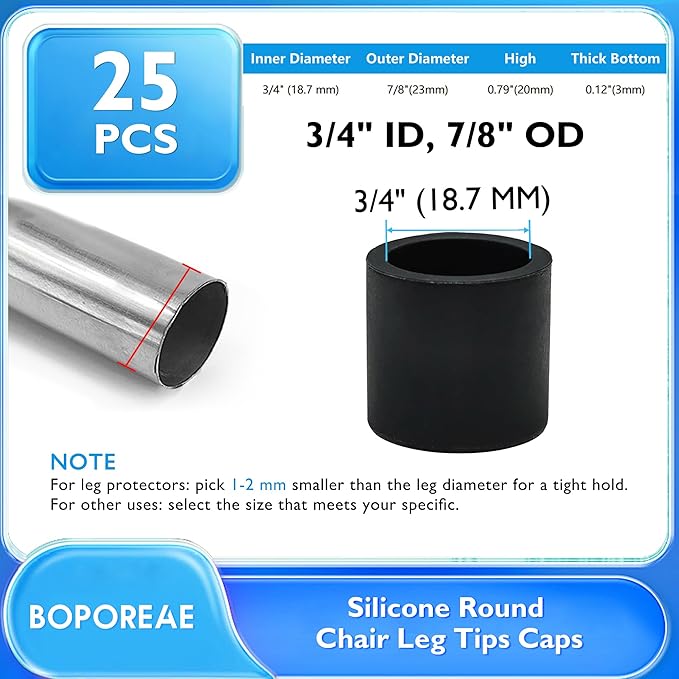 25 Pcs 3/4" (19 mm) Round Chair Leg Tips Caps, Silicone Rubber Furniture Leg Floor Protectors, Reduce Noise Folding Metal Chair Leg Cap Replacement for Bar Stool Leg Patio Indoor, Black - Image 9