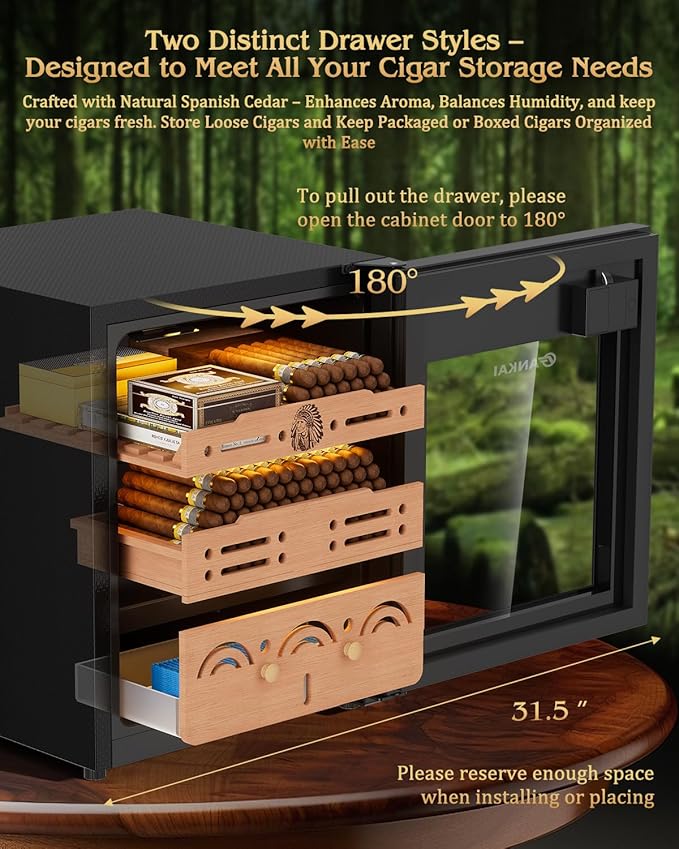 Electric Cigar Humidor Cabinet with Temperature & Humidity Control System, 50L Cooling Cigar Fridge up to 300 Counts, Cedar Wood Shelves,Digital LED Screen,Fingerprint Safety Lock,Gift for Men - Image 6