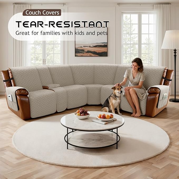 Arfntevss Waterproof Recliner Sectional Couch Covers for Reclining L Shape Sofa Cover Non Slip Washable L Shaped Slipcover Sets for Dog Furniture Protector (5 Seat with 1 Console Cover, Light Khaki) - Image 7