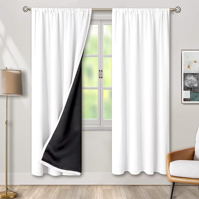 BGment 100% Blackout Curtains for Bedroom with Black Liner, Double Layer Full Room Darkening Thermal Insulated and Noise Reducing Rod Pocket Curtain (55 x 84 Inch, Pure White, 2 Panels) by BGment