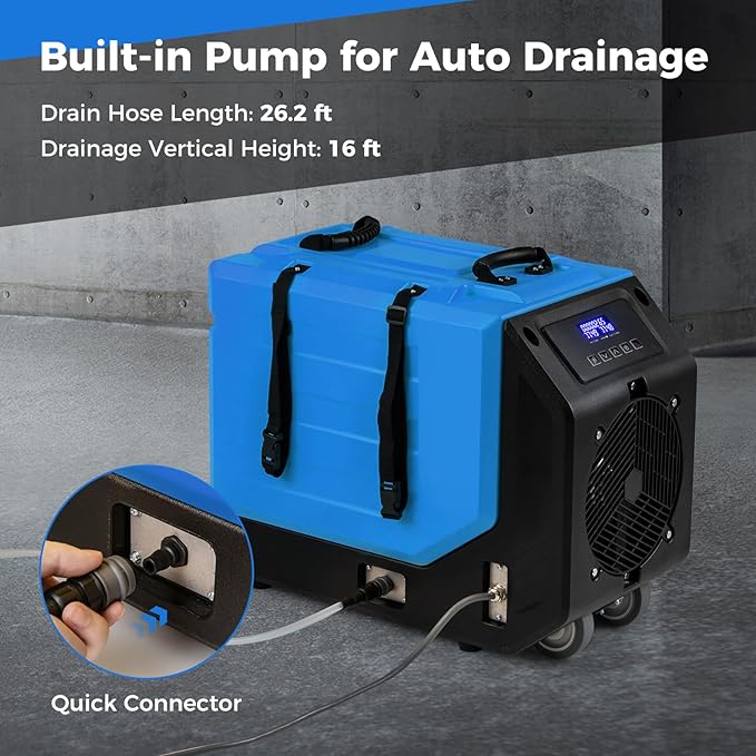 COSTWAY 190 PPD Commercial Dehumidifier with Pump, Rotational Molded Crawl Space Dehumidifier with 26Ft Drain Hose for Water Damage Restoration, Basement (Blue) - Image 4