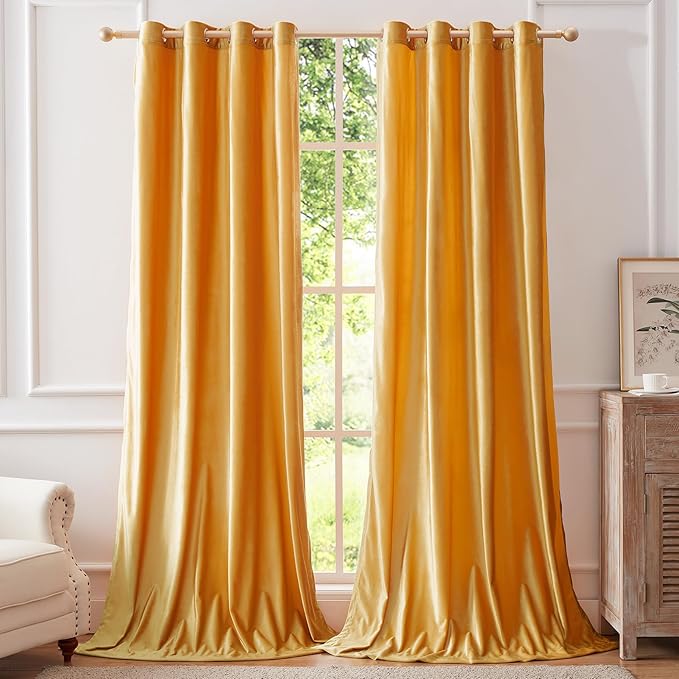 BULBUL Mustard Yellow Velvet Curtains 72 inch Luxury Elegant Living Room Curtain Privacy Modern Light Blocking Thermal Insulated Soundproof Room Darkening Drapes for Classical Bedroom Set of 2 - Image 5