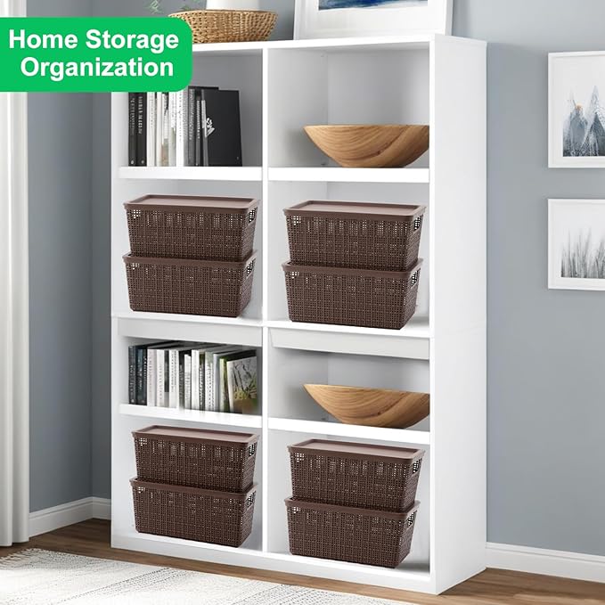6 Pack Plastic Storage Baskets With Lids,Brown Breathable Stackable Storage Bins,Small Storage Containers,for Organizing Storage Baskets on Desktops,Closets,Playrooms,Classrooms,Offices - Image 7