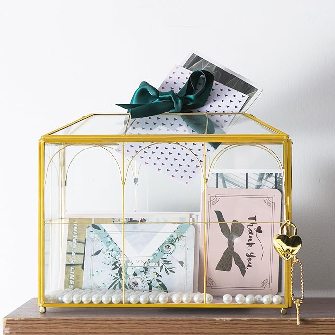 Glass Wedding Card Box with Slot, 10.2'' Large Clear Card Box Gold Brass Gift Card Storage Box with Lock Perfect for Wedding Receptions, Baby Shower, Birthday Party, Bridal Shower - Image 8