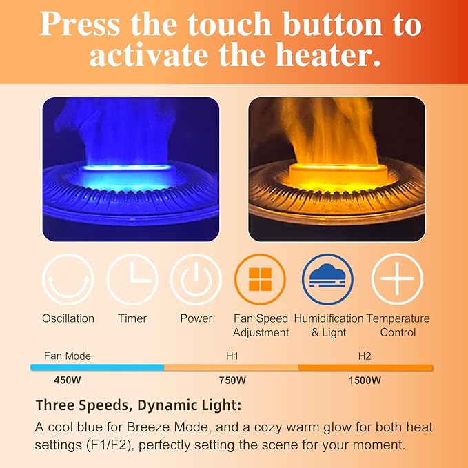 Space heaters for Indoor use, Space heater with humidifier,750w/1500W,Oscillating heater,with Tip-Over,PTC Material Rapid Heating,Humidifier with Ambient Light,12-hour timer, for 50-200 sq ft - Image 8
