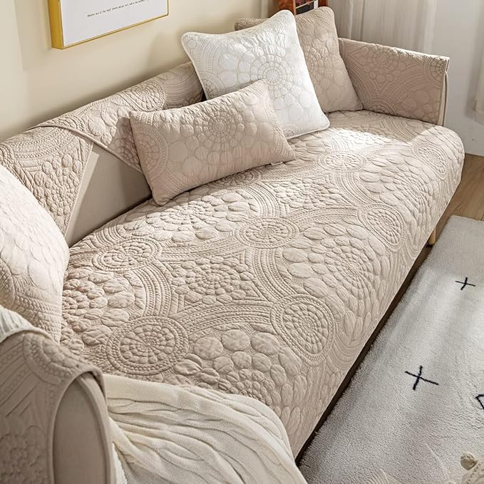 vctops Boho Circle Embroidery Couch Sofa Cover Solid Color Cotton Quilted Non-Slip Sectional Couch Covers Sofa Slipcover for Dogs, Children, Pets Furniture Protector (Khaki,36"x70") - Image 4