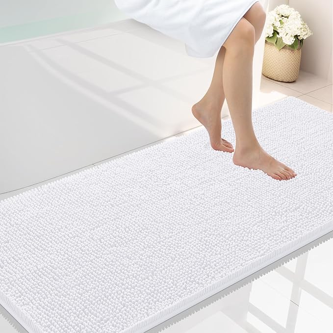 Smiry Luxury Chenille Bathroom Rugs 59x24, Extra Soft and Absorbent Shaggy Bath Mat, Machine Washable, Non-Slip Plush Carpet Runner for Tub, Shower, and Floor, Home Decor Accessories, White by Smiry