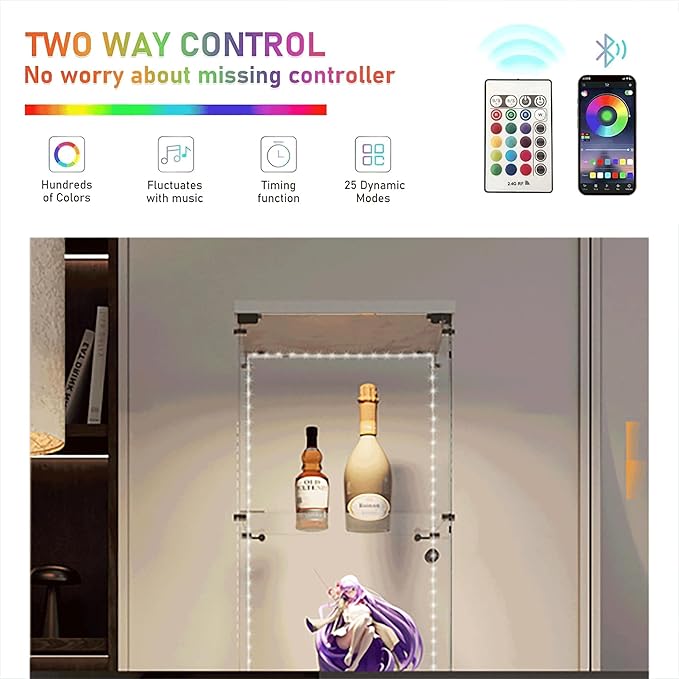 Yoluckea 4 Tiers Glass Display Cabinet with Bluetooth LED Light Strip, 1 Door Floor Standing Curio Cabinet with Universal Wheel for Home Office Display, White Glass Bookshelf for Collections,Clear Top - Image 4