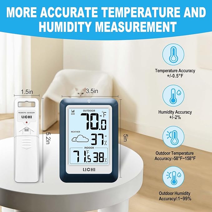 Indoor Outdoor Thermometer Wireless Weather Station, Internal External Thermometer Hygrometer, Home Batteryoperated Temperature Humiditymonitors330 Feet (About 100 Meters) Backlight Display (Blue) - Image 5
