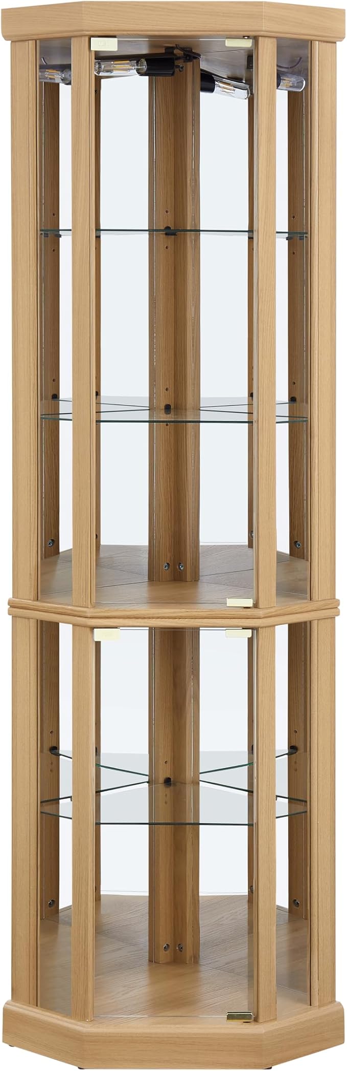 Elegant Corner Curio Cabinet with Lights & Tempered Glass Door, Wooden Display Cabinet with 4 Adjustable Glass Shelves & Mirrored Back for Living Room, Dining Room, Office (Oak) - Image 4