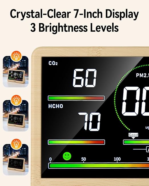 16 in 1 Indoor Air Quality Monitor, 7" Display 9 AQI +7 AQI Alerts, CO2 Monitor Tester for CO2, HCHO, TVOC, PM1.0 PM2.5 PM10 Temperature Humidity AQI & Time Air Quality Meter for Home Office - Image 8