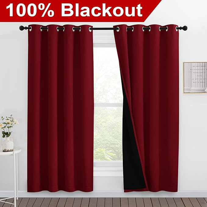 NICETOWN Living Room Completely Shaded Draperies, Privacy Protection & Noise Reducing Ring Top Drapes, Black Lined Insulated Window Treatment Curtain Panels(Burgundy Red, 2 Pieces, W55 x L78) - Image 2