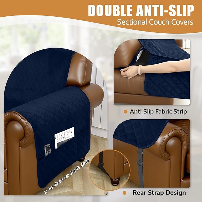 Arfntevss Waterproof Sectional Couch Covers L Shape Washable Velvet Sofa Cover for Sectional Non Slip Large Corner Slipcovers Dog 6 Pcs Universal U Shaped Furniture Protector (Navy Blue, XX-Large) - Image 4