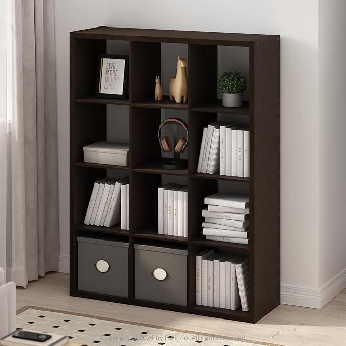 Furinno Simple Cube Storage Organizer, 12-Cube Display Shelf, Open Back Shelving Unit, Storage Shelves, Extra Thick Frame, for Organization and Storage, Living Room, Home Office, Dark Oak - Image 2