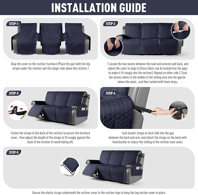TAOCOCO 100% Waterproof Recliner Cover, Non-Slip Washable Reclining Couch Cover with Elastic Leg Straps, Furniture Protector for Dogs (Dark Blue, 3 Seater) - Image 7