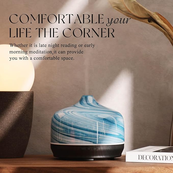Porseme 500ml Glass Essential Oil Diffuser Aromatherapy Ultrasonic Cool Mist Humidifier 15-21 Running Hours Waterless Auto-Off Air Diffusers for Sleeping Yoga Office Working Spa and Rest (Blue Ink) - Image 4