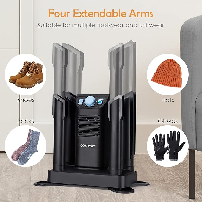 COSTWAY Boot Dryer, Shoe Dryers with 180 Mins Timer & Heating Blower, Ozone Disinfection, Extendable Design, Electric Shoe and Boot Warmer for Work Boots, Ski, Glove, Hats, Black - Image 5