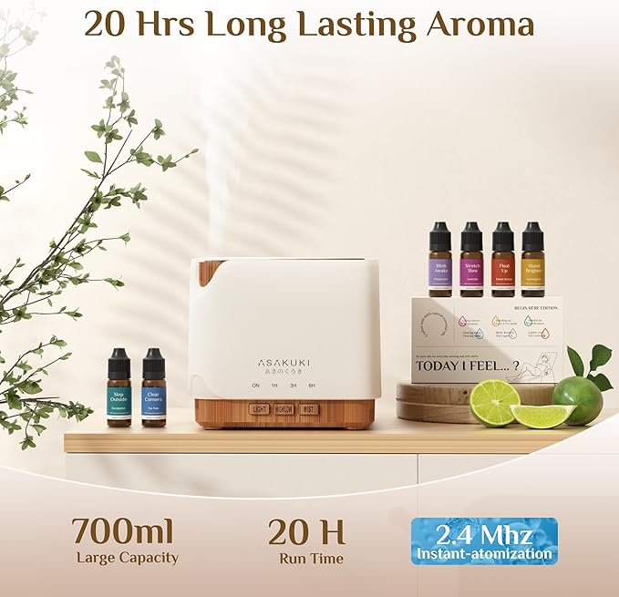 ASAKUKI Essential Oil Diffuser 700ml, Ultrasonic Aromatherapy Humidifier with Top 6 Essential Oils Set, 7 LED Colors, Timer & Auto-Off, Large Room Diffuser, Valentine's Day Gift - Image 4