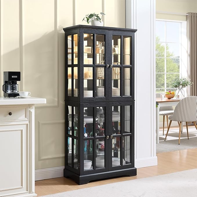 Lighted Glass Curio Cabinet with Lights & Adjustable Shelves,Curio Display Cabinet with Wood Frame & Glass Door,Corner Antique Display Case for Kitchen,Living Room,Office - Image 7