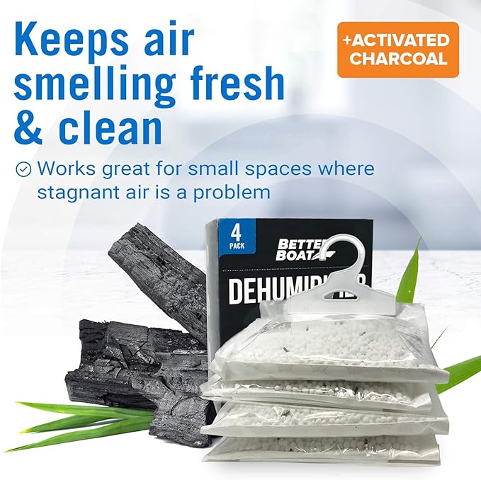 4 Pack Moisture Absorber Hanging Bags, Boat Dehumidifier with Charcoal, Unscented, Removes Dampness and Musty Odors, Ideal for Basement, Closet, Home, Car, RV, and Boating - Image 7