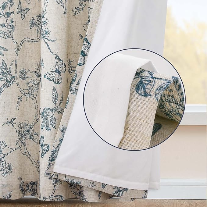 jinchan Floral Curtains Lined Linen Blend Curtain for Living Room 63 Inch Length Blue Flower Patterned Curtain French Country Farmhouse Curtains Drapes Back Tab Rod Pocket 2 Panels - Image 3