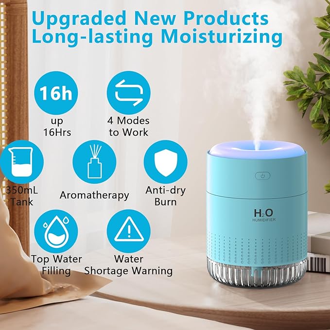 Colorful Mini Humidifier, USB Rechargeable Humidifier, small humidifier, 4 Modes Super Quiet, Humidifiers For Bedroom,Suitable For Travel Office Family Baby Bedroom-Blue - Image 2