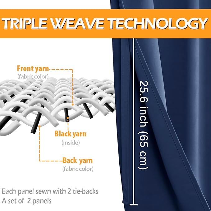 Hiasan Blackout Curtains for Bedroom - Light Blocking & Noise Reducing Window Curtains for Living Room, 2 Drape Panels Sewn with Tiebacks, Navy, 38 x 54 Inch - Image 4