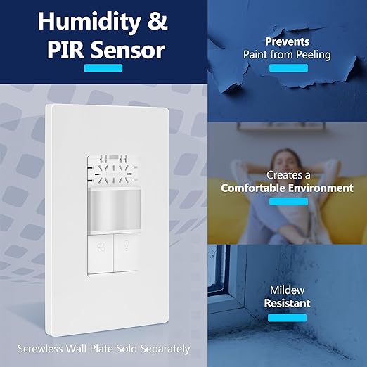 LIDER Humidity Sensor Switch and Motion Sensor Light Switch, PIR Sensor, Humidity Detection, Occupancy/Vacancy, No Neutral Required, ¼ HP, 1-Pole, UL Listed, White, Wall Plate Included, 2 Pack - Image 7