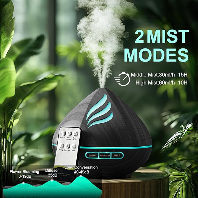 Essential Oil Scent Diffuser: 500ML Aroma Diffuser with Remote Control, Large Fragrance Aromatherapy Diffuser for Bedroom Home, Mist Humidifier with 14 Colors LED Lights and waterless Auto-Off, Black - Image 3