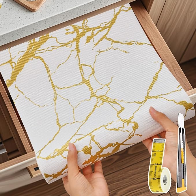 Drawer and Shelf Liner for Kitchen Cabinet Non Slip Waterproof Shelf Paper 17.5 in X 20 Ft Non Adhesive Refrigerator Liners Gold White Marble Easy Liners for Bathroom Cupboard - Image 9