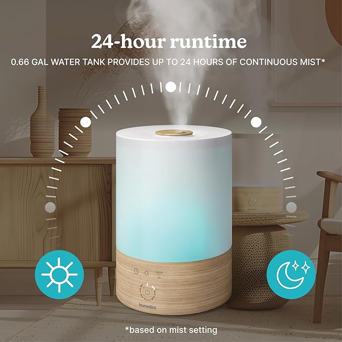 Homedics Cool Mist Ultrasonic Humidifier, 8-Colors Night Light, 0.66 Gal Top-Fill Tank, 24Hr Runtime, 3 Mist Settings, 360° Mist for 329 sq ft Rooms, Aromatherapy, Clean Tank Tech, Auto Shutoff - Image 6