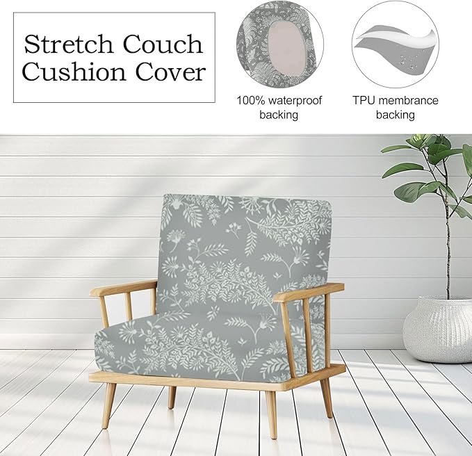 Ourdoor Cushion Covers Waterproof Set of 12 Floral Printed Stretch Patio Chair Cushino Covers for Patio Furniture Replacement,Washable Couch Covers for Furniture(Grey) - Image 4