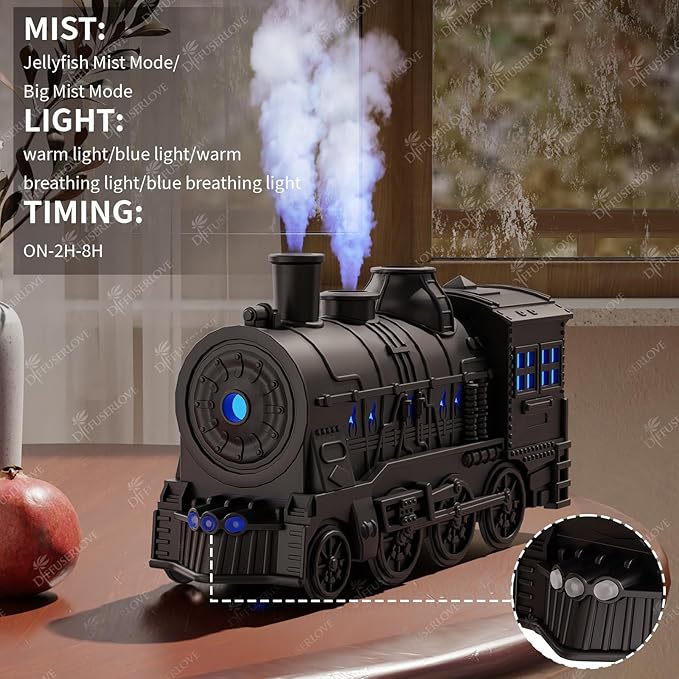 Diffuserlove Train Diffuser 300ML Essential Oil Diffuser Cool Mist Humidifier Aroma Diffuser with Night Light for Bedroom Desk Black - Image 3