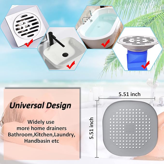 Hair Drain Catcher,Square Drain Cover for Shower Silicone Hair Stopper with Suction Cup,Easy to Install Suit for Bathroom,Bathtub,Kitchen 2 Pack (Sliver Grey) - Image 5