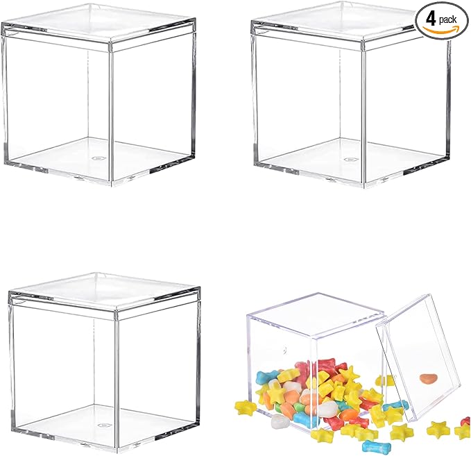 Acrylic box with Lid Clear 4 Pack Small Clear Acrylic Square Cube Plastic Storage Box 1.77x1.77x1.77Inch/45X45X45mm for Birthday Valentine's Day Party Favor Candy Jewelry Box by LOVPLAY